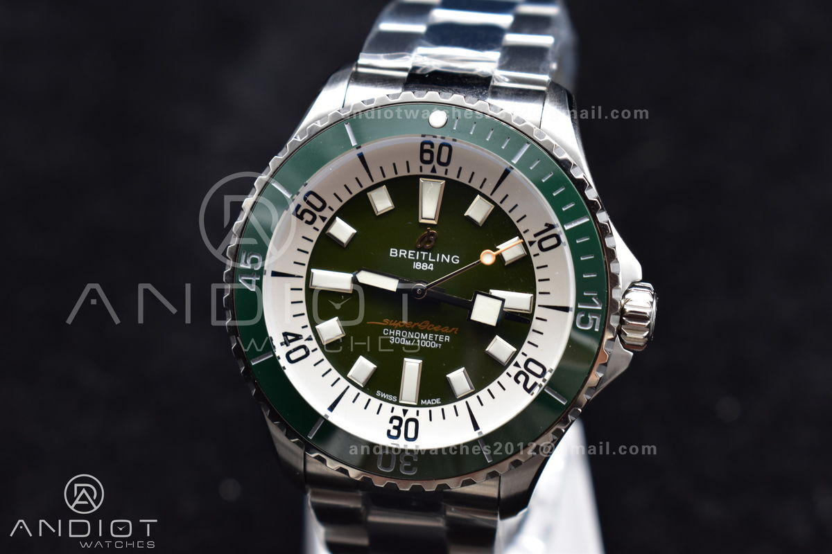 SuperOcean Automatic 44 TF 1:1 Best Edition Green Ceramic Bezel Green/White Dial on SS Bracelet A2824